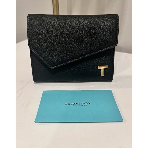 NWT TIFFANY & Co. T Wallet Trifold Wallet Leather Black Women - Picture 1 of 10